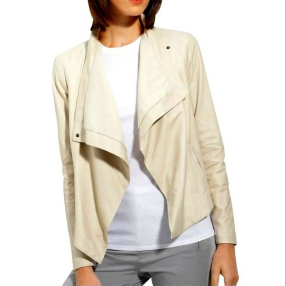 Vince Cowl Neck Paperweight Leather Moto Jacket in Beige Size S‎
